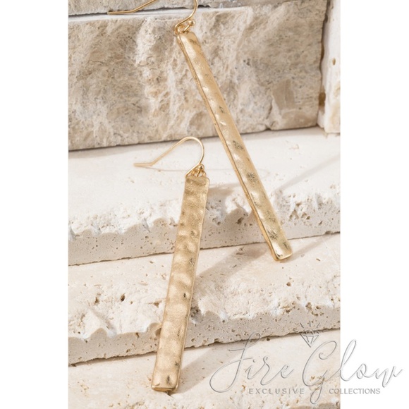 Gold Tone Long Bar Hammered Metal Hook Earrings - Picture 2 of 8